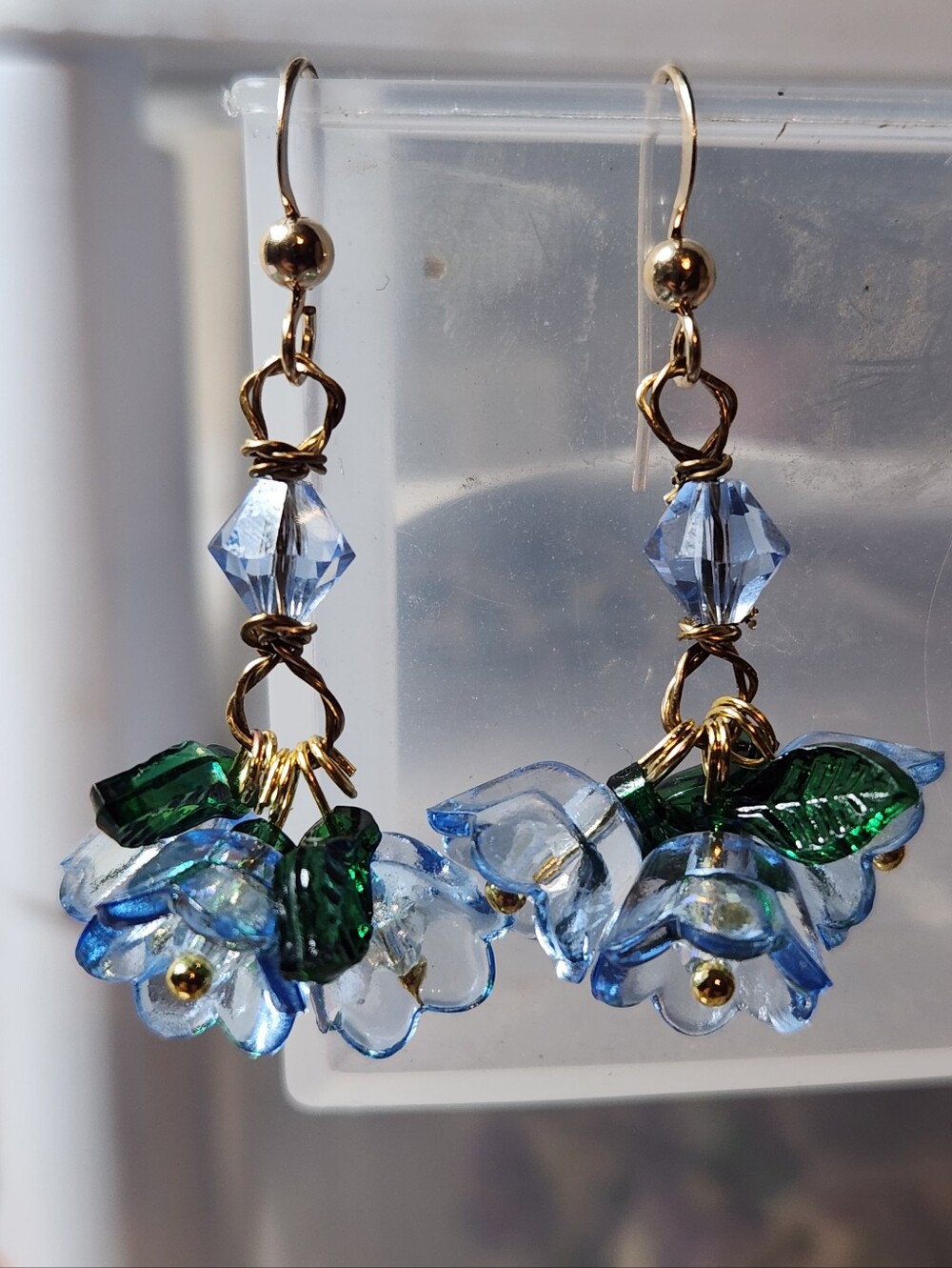 Handcrafted Blue Glass Flower Drop Earrings with Green Leaves - Picture 1 of 4